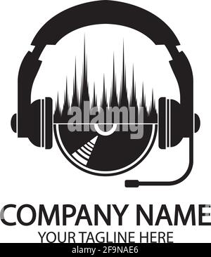 Headphones with microphone and sound waves beats, concept of radio station logo, dj disco symbol, broadcasting studio label, customer support emblem f Stock Vector