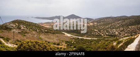 Panoramic view of south coast of Antiparos Island. The road among the hills. Cyclades islands, Greece Stock Photo