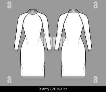 Turtleneck dress Sweater technical fashion illustration with long sleeves, fitted body, knee length, knit trim. Flat jumper apparel front, back white color style. Women men unisex CAD mockup Stock Vector