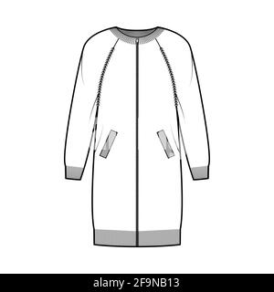 Zip-up dress cardigan Sweater technical fashion illustration with rib crew neck, long raglan sleeves, oversized body, knit trim, pockets. Flat jumper apparel front, white color. Women men CAD mockup Stock Vector