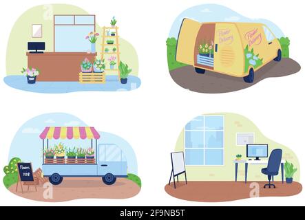 Flower shop, floral delivery service 2D vector web banner, poster set Stock Vector
