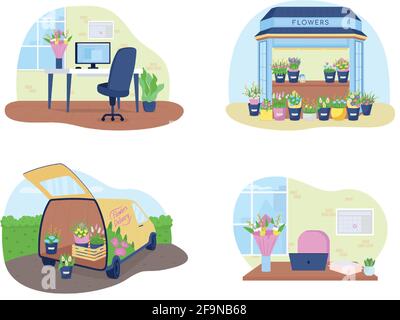 Bouquet delivery 2D vector web banner, poster set Stock Vector