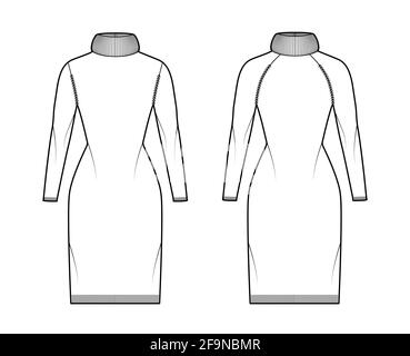 Set of Sweater dress Exaggerated Turtleneck technical fashion illustration with long raglan sleeves, slim fit, knee length, rib trim. Flat apparel front, back, white color. Women, unisex CAD mockup Stock Vector