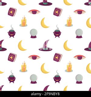 Witch seamless pattern with esoteric mystic elements. Witchcraft supply - cauldron, hat, moon and candle, spell book, eye Stock Vector