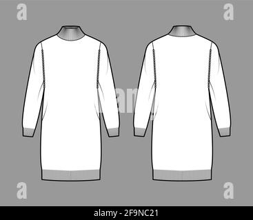 Turtleneck dress Sweater technical fashion illustration with long sleeves, oversized body, knee length, knit trim. Flat jumper apparel front, back white color style. Women men unisex CAD mockup Stock Vector