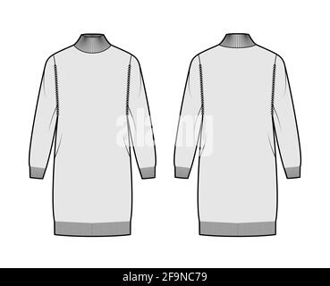 Turtleneck dress Sweater technical fashion illustration with long sleeves, oversized body, knee length, knit trim. Flat jumper apparel front, back, grey color style. Women men unisex CAD mockup Stock Vector