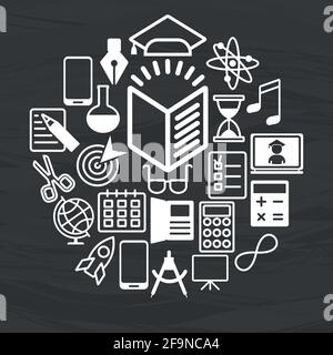 Back to school flat vector background. White icons on black chalkboard. Stock Vector