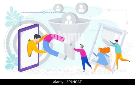 Attracting potential customers. Man with huge magnet attracts people. Stock Vector