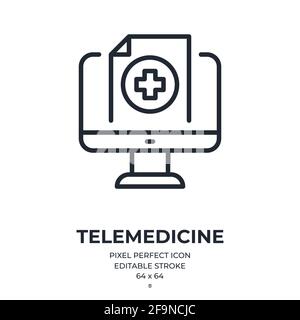 Telemedicine editable stroke outline icon isolated on white background flat vector illustration. Pixel perfect. 64 x 64. Stock Vector
