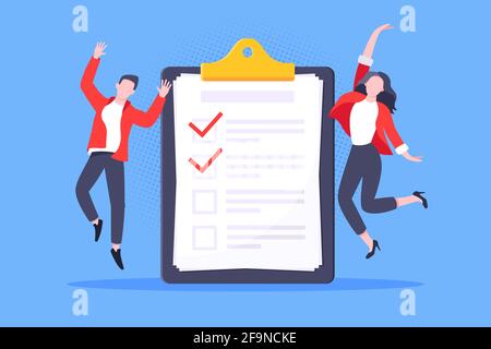 Checklist complete business concept tiny people jumping in the air nearby giant clipboard, task done and check mark ticks flat style design vector ill Stock Vector