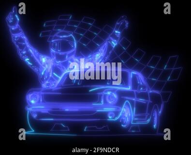 neon silhouette of a race driver in front of his car Stock Photo