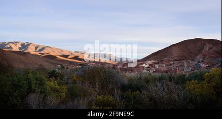 River area at M’Goun Valley – the Valley of the roses, where blossoms are harvested to make Rose Oil and other cosmetic products. Todra gorge Stock Photo