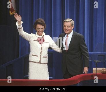 United States Vice President Walter Mondale and his wife, Joan, on the podium of the 1980 Democratic National Convention at Madison Square Garden in New York, New York in August, 1980. Mrs. Mondale passed away on February 3, 2014.Photo by Arnie Sachs/CNP/ABACAPRESS.COM Stock Photo