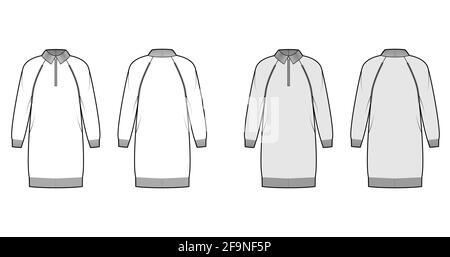 Dress Zip-up Sweater technical fashion illustration with classic collar, long raglan sleeves, relax body, knee length, knit trim. Flat apparel front, back, white grey color. Women, men CAD mockup Stock Vector