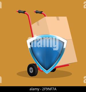 Cardboard box on hand truck and protection shield. Safety shipment concept. Vector illustration. Stock Vector