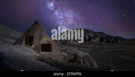 The Selime Cathedral at night. Selime Monastery in Cappadocia, Turkey. Selime is town at the end of Ihlara Valley. Stock Photo