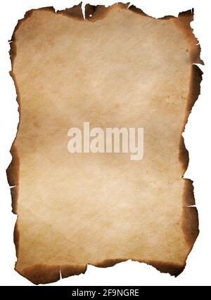 old vertical paper or map with burnt and curved edges isolated on white Stock Photo