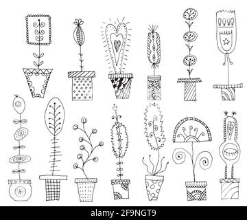 set of flowers in a pot. Doodling style. Stock Vector