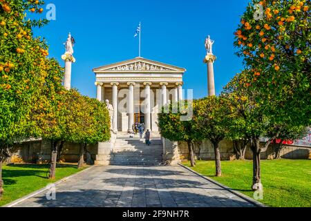Building of the modern Academy of Athens, the highest research establishment of the country located in Panepistimio is one of the landmarks of Athens Stock Photo
