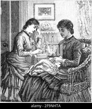 Engraving of two Victorian-era women writing and doing embroidery in their home. Stock Photo