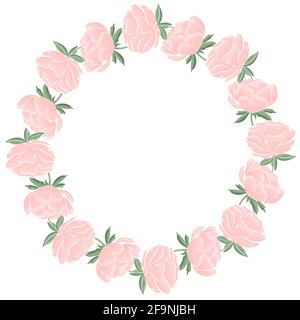 Round frame with flowers. Peonies in a circle vector. Template for a greeting card or invitation. Delicate floral wreath. Stock Vector