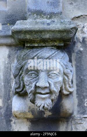 Canterbury, Kent, UK. Canterbury Cathedral: medieval carved stone face on the Western facade Stock Photo