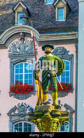 Statue of a swiss guard situated on the top of a fountain on the Fronwagplatz square in the swiss city Schaffhausen. Stock Photo