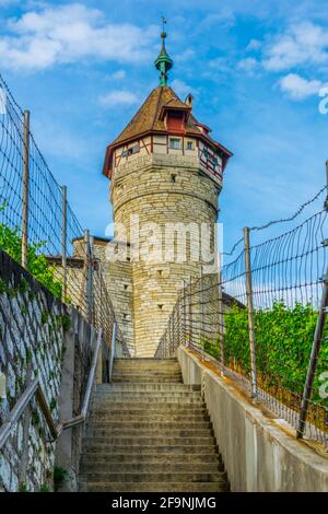 Steep stairway leading to the munot fortress through vineyard in the swiss city Schaffhausen. Stock Photo