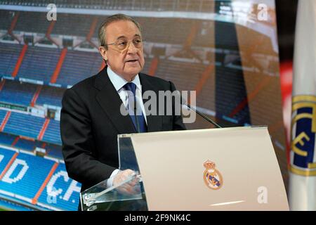 File photo dated June 19, 2019 of Real Madrid's President, Florentino Perez during the presentation of new player Ferland Mendy at Santiago Bernabeu stadium in Madrid, Spain. The European Super League was created 'to save football', says Real Madrid president Florentino Perez. Real are one of the 12 European clubs who have signed up to the breakaway league and intend to establish a new midweek competition. Perez said the move had been made because young people are 'no longer interested in football' because of 'a lot of poor quality games'. Photo by Acero/Alterphotos/ABACAPRESS.COM Stock Photo