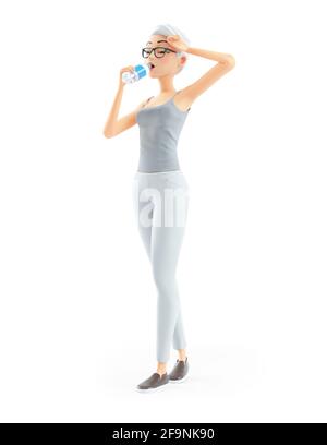 3d senior woman drinking water on bottle, illustration isolated on white background Stock Photo