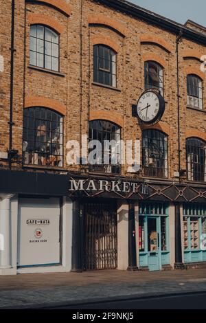 London, UK - August 12, 2020: Exterior of closed Market Hall in Camden Town, London, an area famed for its market and nightlife and popular with touri Stock Photo