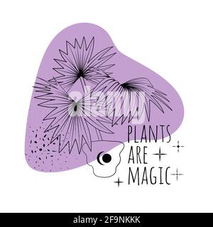 Minimalist boho illustration of quote plants are magic with black line art palm leaves and purple textured abstract shapes background Stock Vector