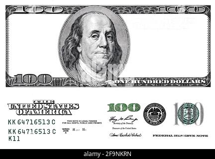 U.S. 100 dollar banknote. Elements for design purpose on white ...