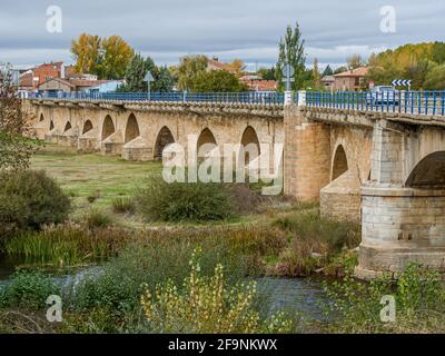 medieval bridge of 17 arches on the camino de santiago de compostela, Villarente, Spain, October 23, 2009 Stock Photo