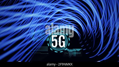 Composition of 5g text over scope scanning and blue light trails in background Stock Photo