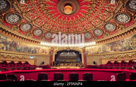 Bucharest, Romania. Interior and ceiling of the cozy and impressive concert hall in Romanian Athenaeum (Ateneul Roman or Romanian Opera House) Stock Photo