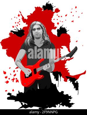 Guitar player with red electric guitar - vector illustration Stock Vector