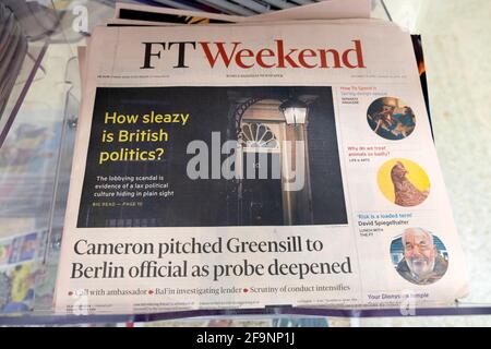 'How sleazy is British politics?' Cameron Greensill newspaper headline in FT Weekend Financial Times front page London England UK 17 April 2021 Stock Photo