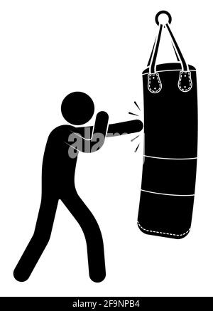 stick man, boxer beats big punching sand bag for sports training. Training in boxing gym. Black and white vector Stock Vector