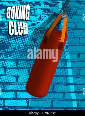realistic red punching bag for sports training on background of brick wall with abstract blots. Boxing club poster. Training boxers in gym. 3d vector Stock Vector