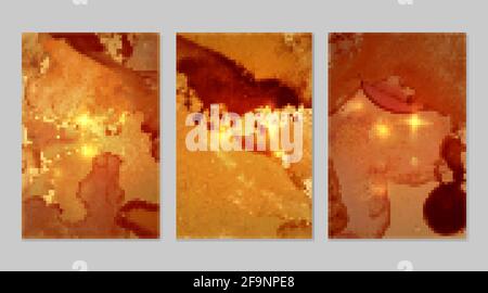 Set of marble patterns. Gold and orange geode textures with glitter. Abstract vector background in alcohol ink technique. Modern paint with sparkles. Stock Vector
