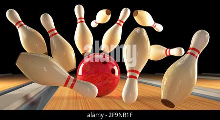 Bowling strike pins and bowling ball on the track. 3D render Stock Photo