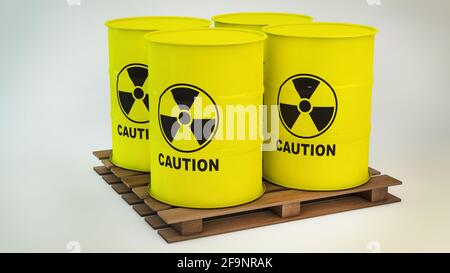 Yellow iron barrels with a danger sign on the pallet. 3D render Stock Photo