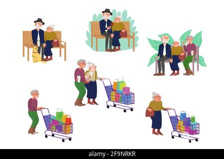 Old people activity set. Sitting in park on a bench with friends, walking in shop. Isolated on white background Stock Vector