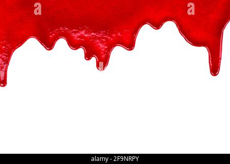 Cherry sweet syrup dripping on white background close-up Stock Photo