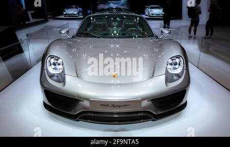 A picture of the front view of the Porsche 918 Spyder, captured in an auto shop in Berlin. Stock Photo