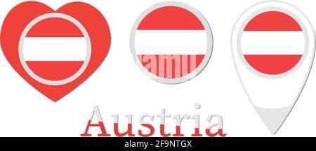 National flag of Austria, round icon, heart icon and location sign, vector Stock Vector