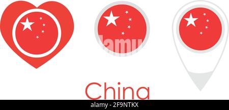 National flag of China, round icon, heart icon and location sign, vector Stock Vector