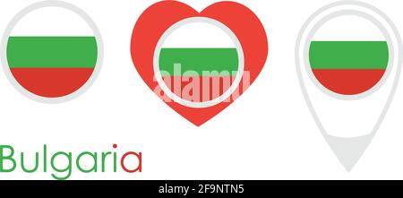National flag of Bulgaria, round icon, heart icon and location sign, vector Stock Vector