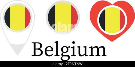 National flag of Belgium, round icon, heart icon and location sign, vector Stock Vector